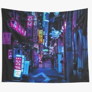 Blue Tokyo street wall tapestry backdrop. Used once for an event